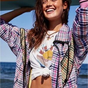 We The Free Pink Blue Yellow Plaid Oversized Bomber Zip Up Jacket